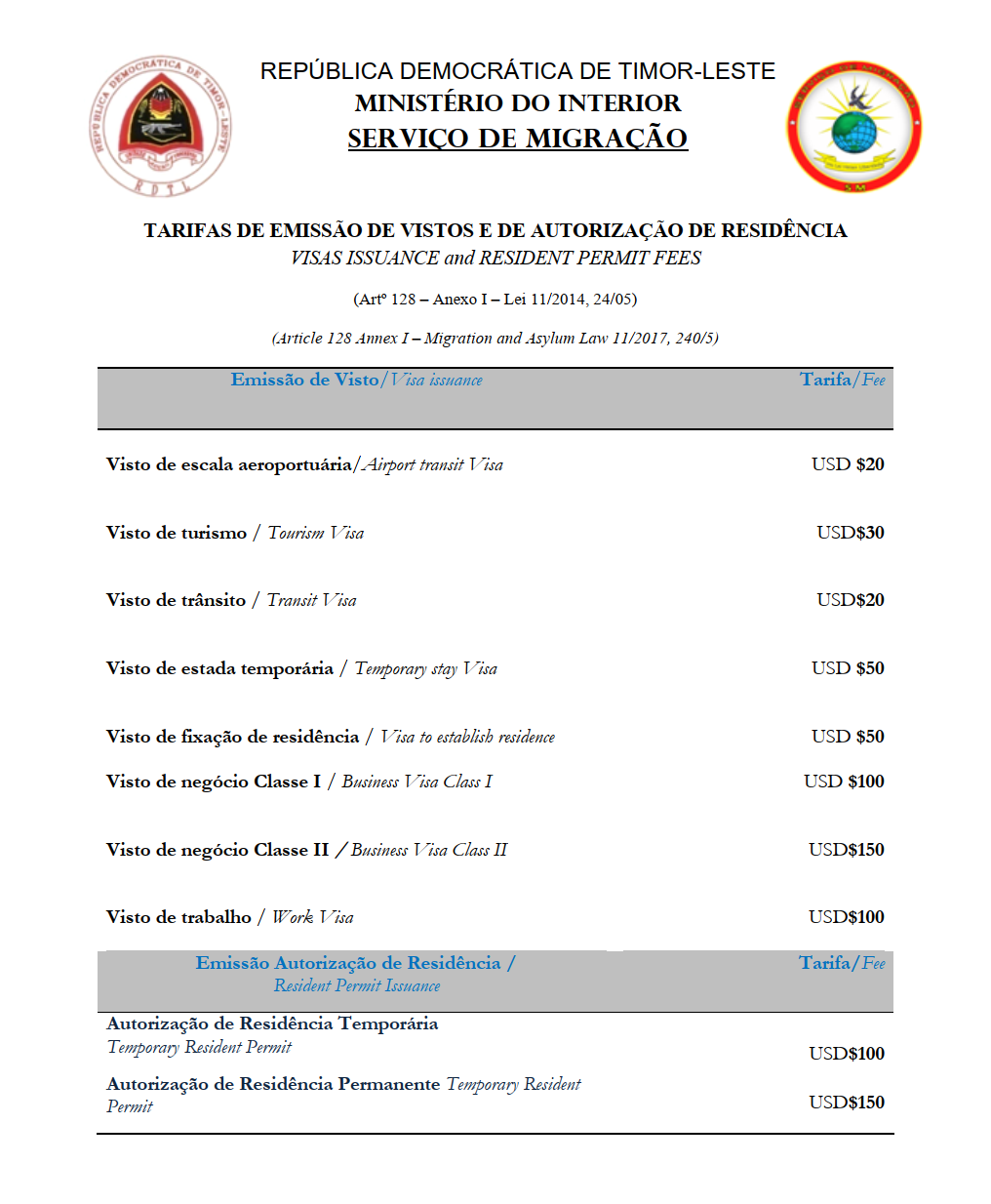 Visa and ERP issuance fees pdf thumbnail